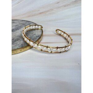 Aura Adjustable Gold-Tone Pearl Open Bangle - Stainless Steel, Hypoallergenic